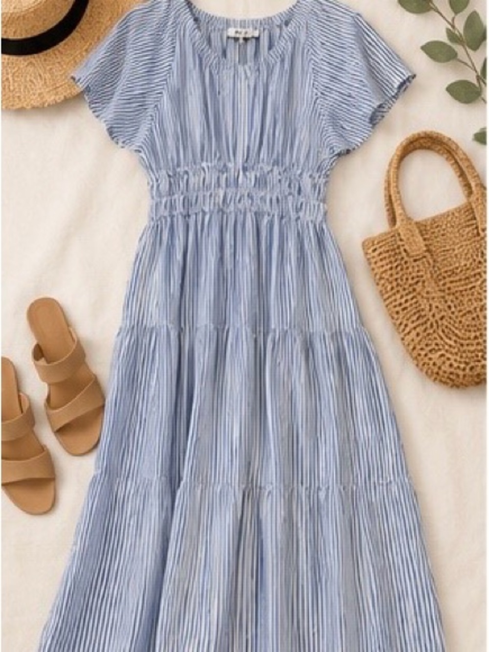 a.n.a Light Blue Striped Midi Dress with Smocked Waist - Picture 3 of 6